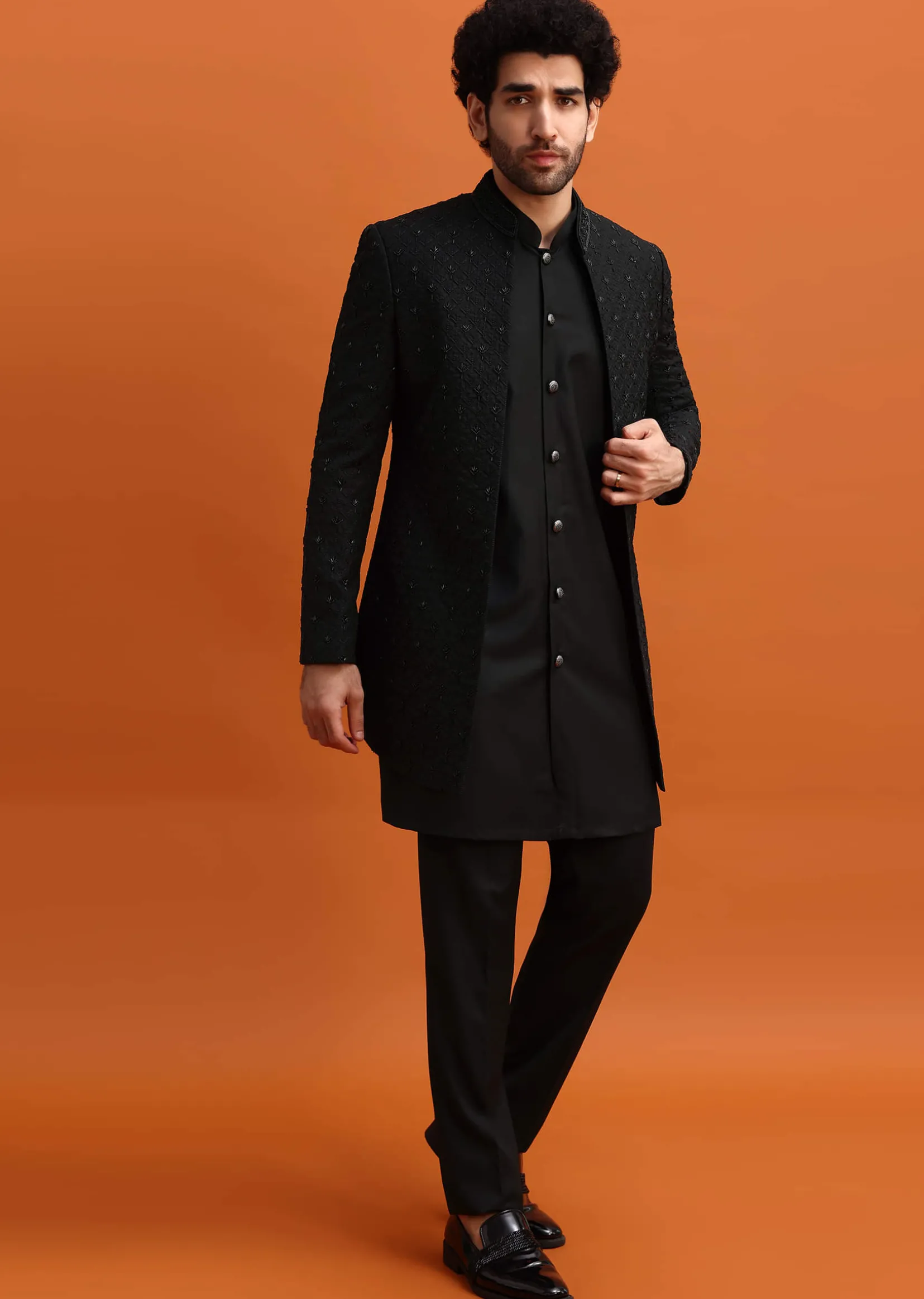 Black Embroidered Sherwani Suit With Cutdana Work