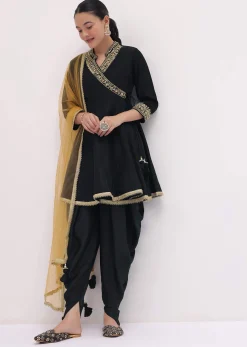 Black Embroidered Tussar Kurta Dhoti Set