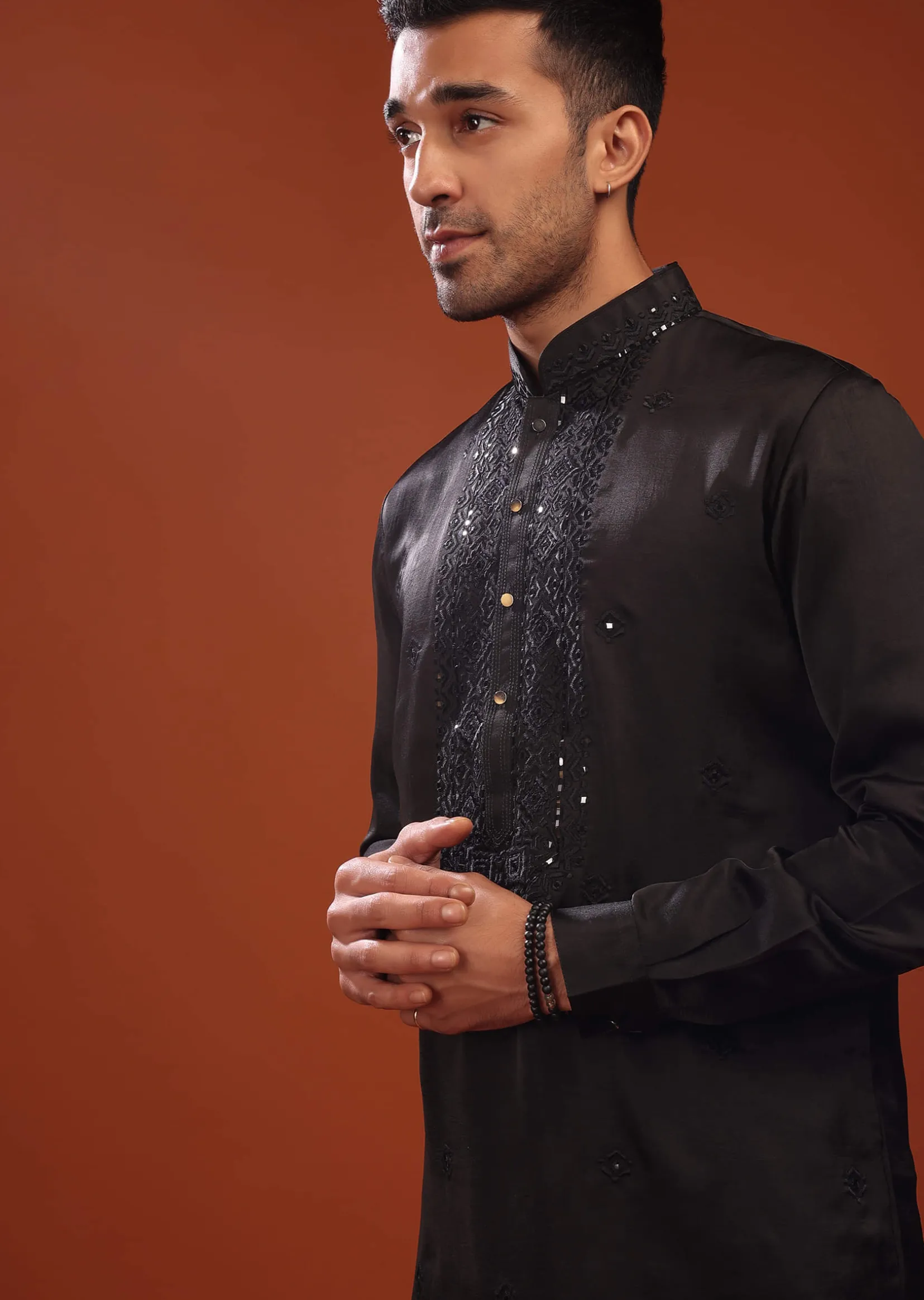 Black Festive Kurta In Mini Silk With Lucknowi Embroidery
