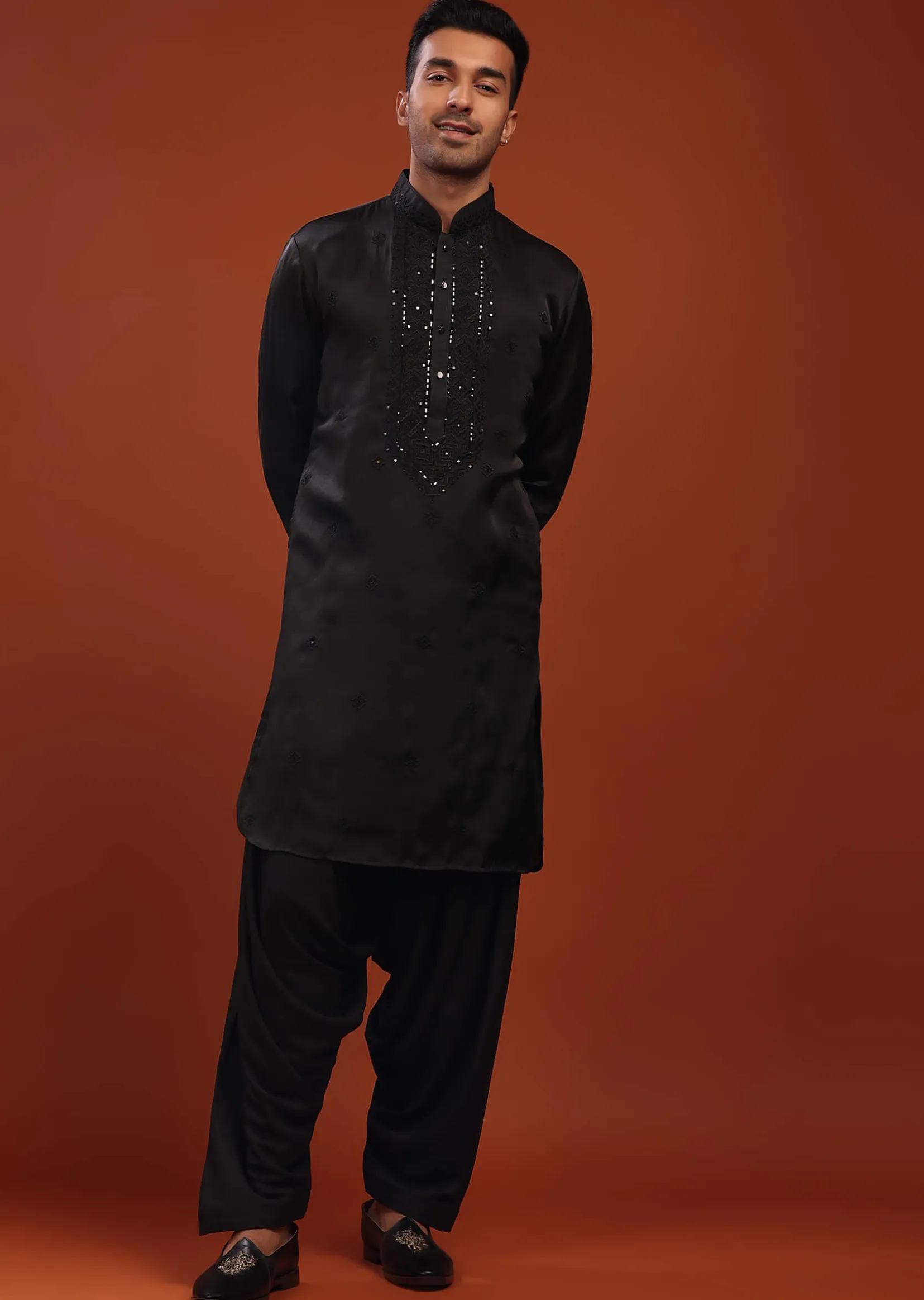 Black Festive Kurta In Mini Silk With Lucknowi Embroidery