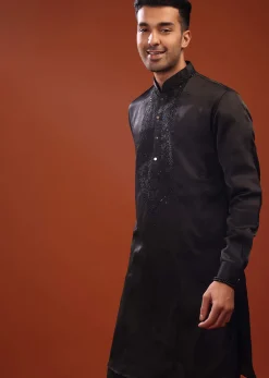 Black Festive Kurta In Mini Silk With Lucknowi Embroidery