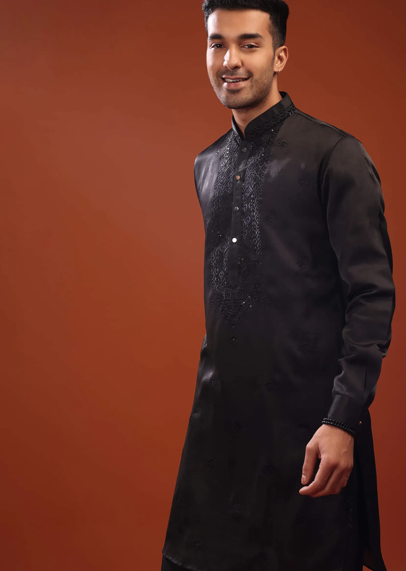 Black Festive Kurta In Mini Silk With Lucknowi Embroidery
