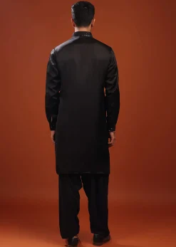 Black Festive Kurta In Mini Silk With Lucknowi Embroidery