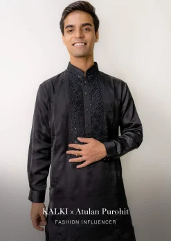 Black Festive Kurta In Mini Silk With Lucknowi Embroidery