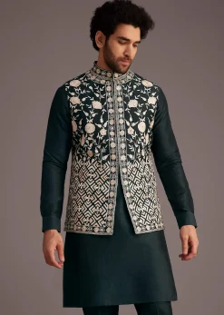 Black Floral Embroidered Jacket Kurta Set