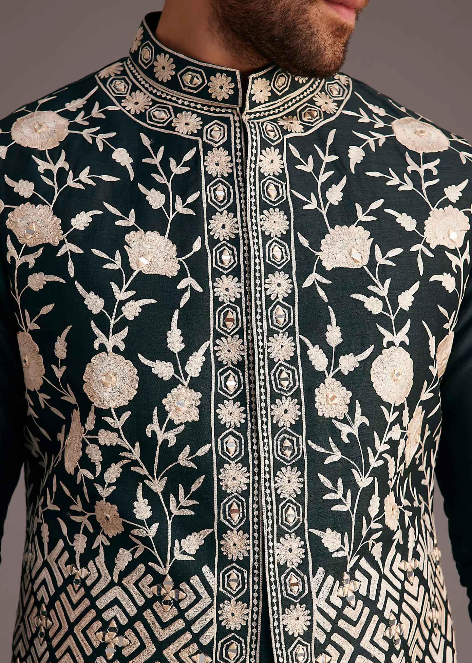 Black Floral Embroidered Jacket Kurta Set