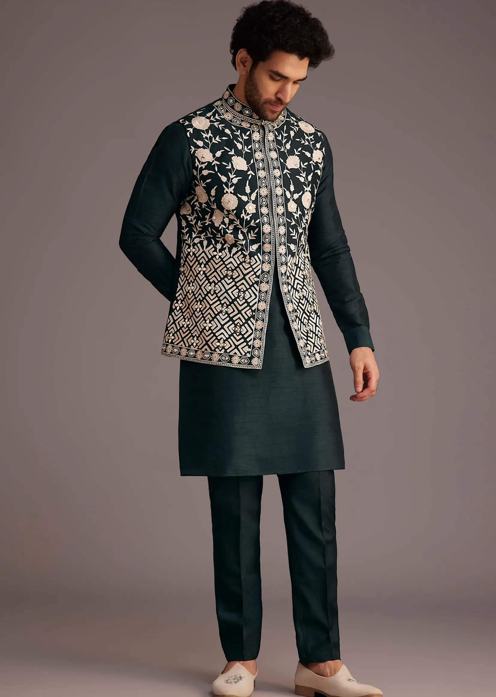 Black Floral Embroidered Jacket Kurta Set
