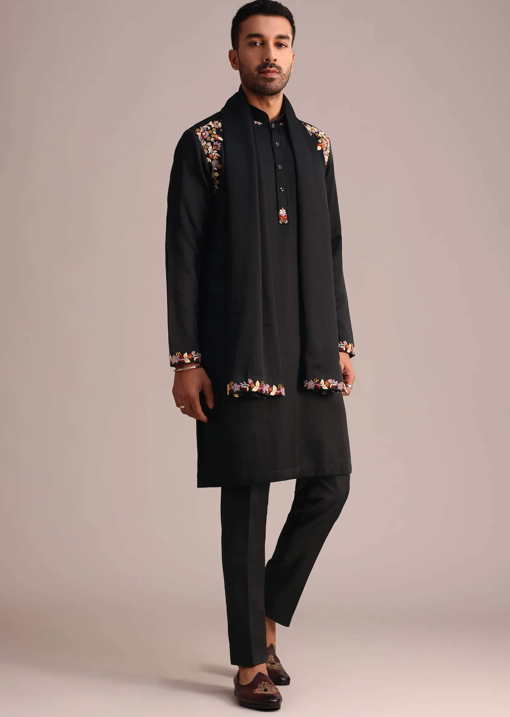 Black Floral Hand Work Kurta Set With Dupatta