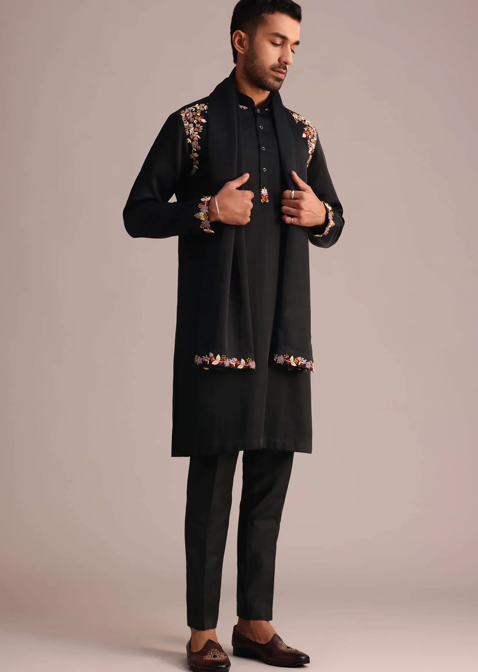 Black Floral Hand Work Kurta Set With Dupatta