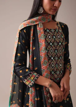 Black Floral Printed Anarkali Suit Set In Art Silk