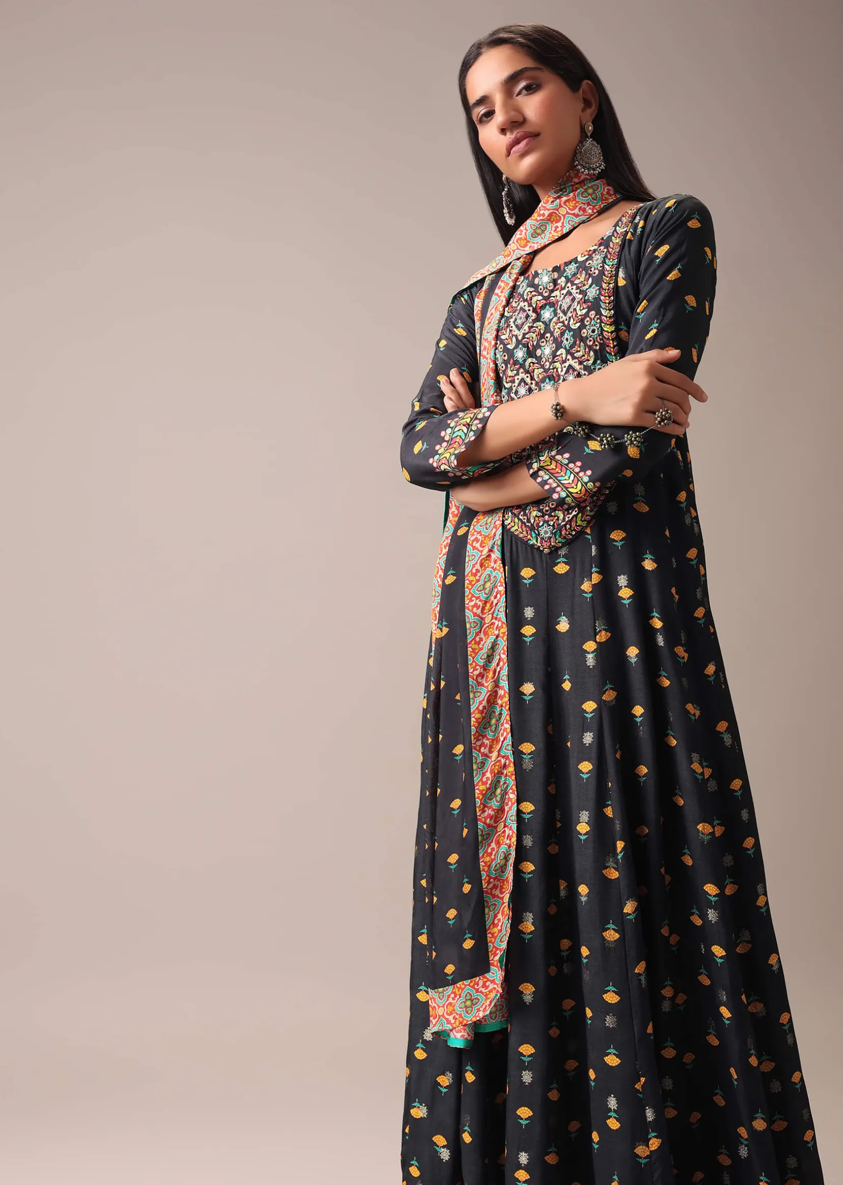 Black Floral Printed Anarkali Suit Set In Art Silk