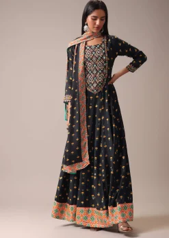 Black Floral Printed Anarkali Suit Set In Art Silk