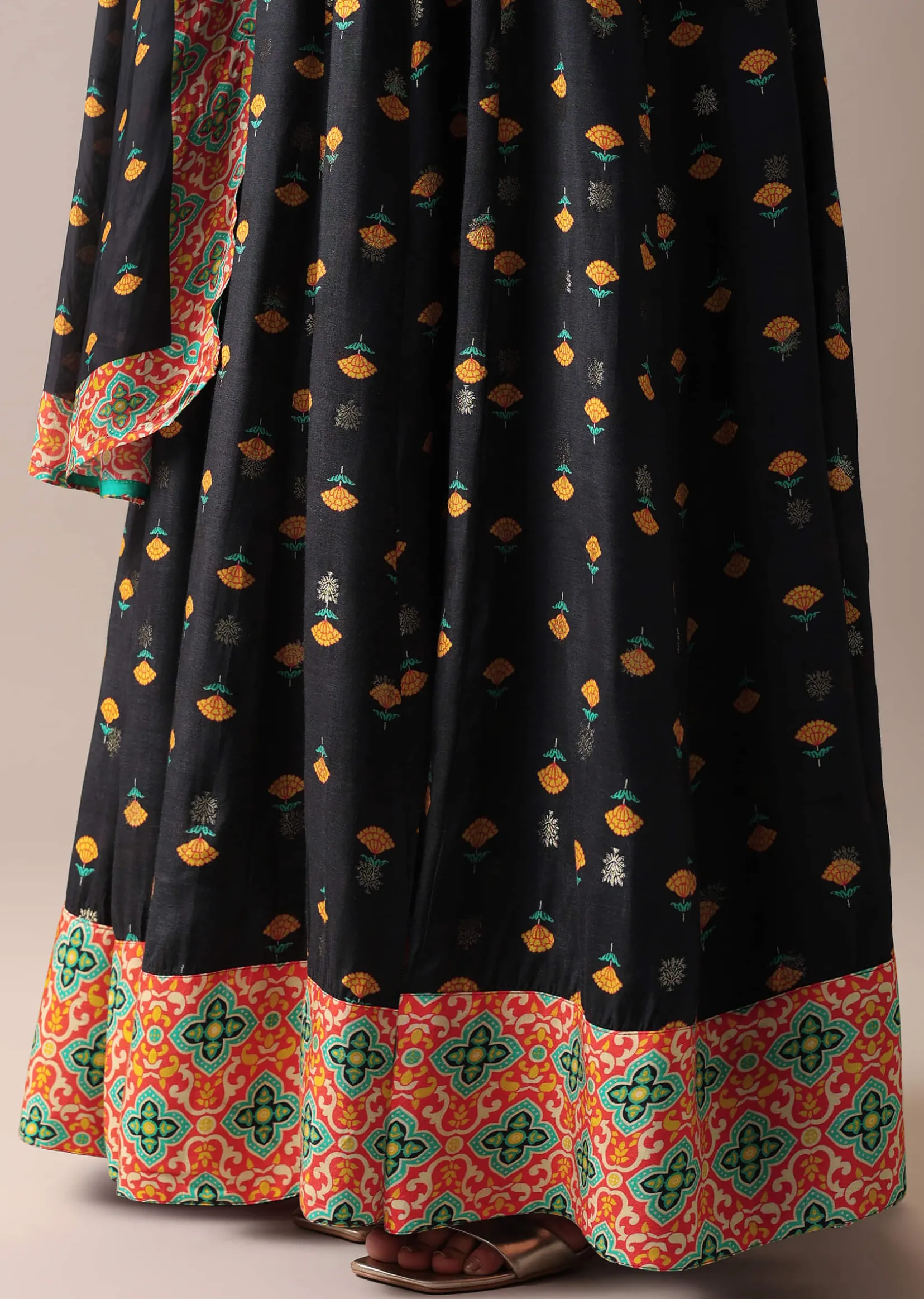 Black Floral Printed Anarkali Suit Set In Art Silk