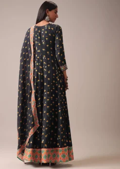 Black Floral Printed Anarkali Suit Set In Art Silk
