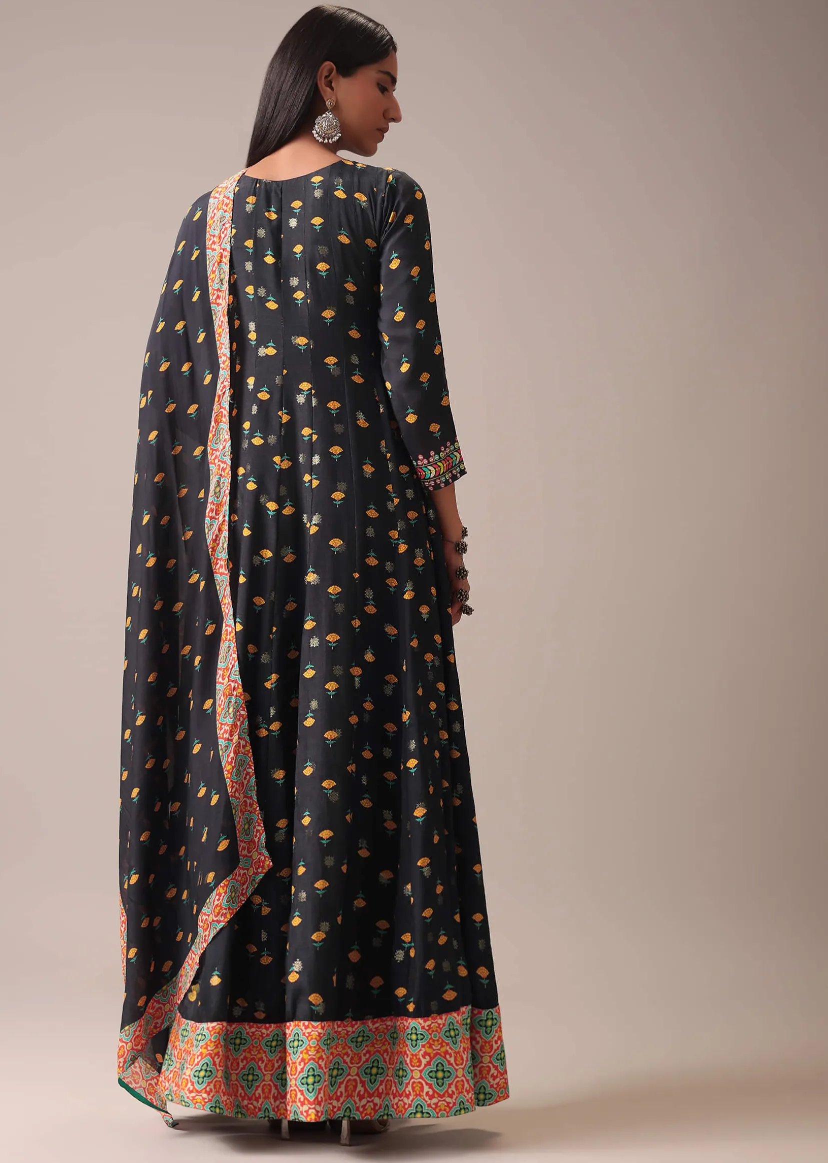 Black Floral Printed Anarkali Suit Set In Art Silk