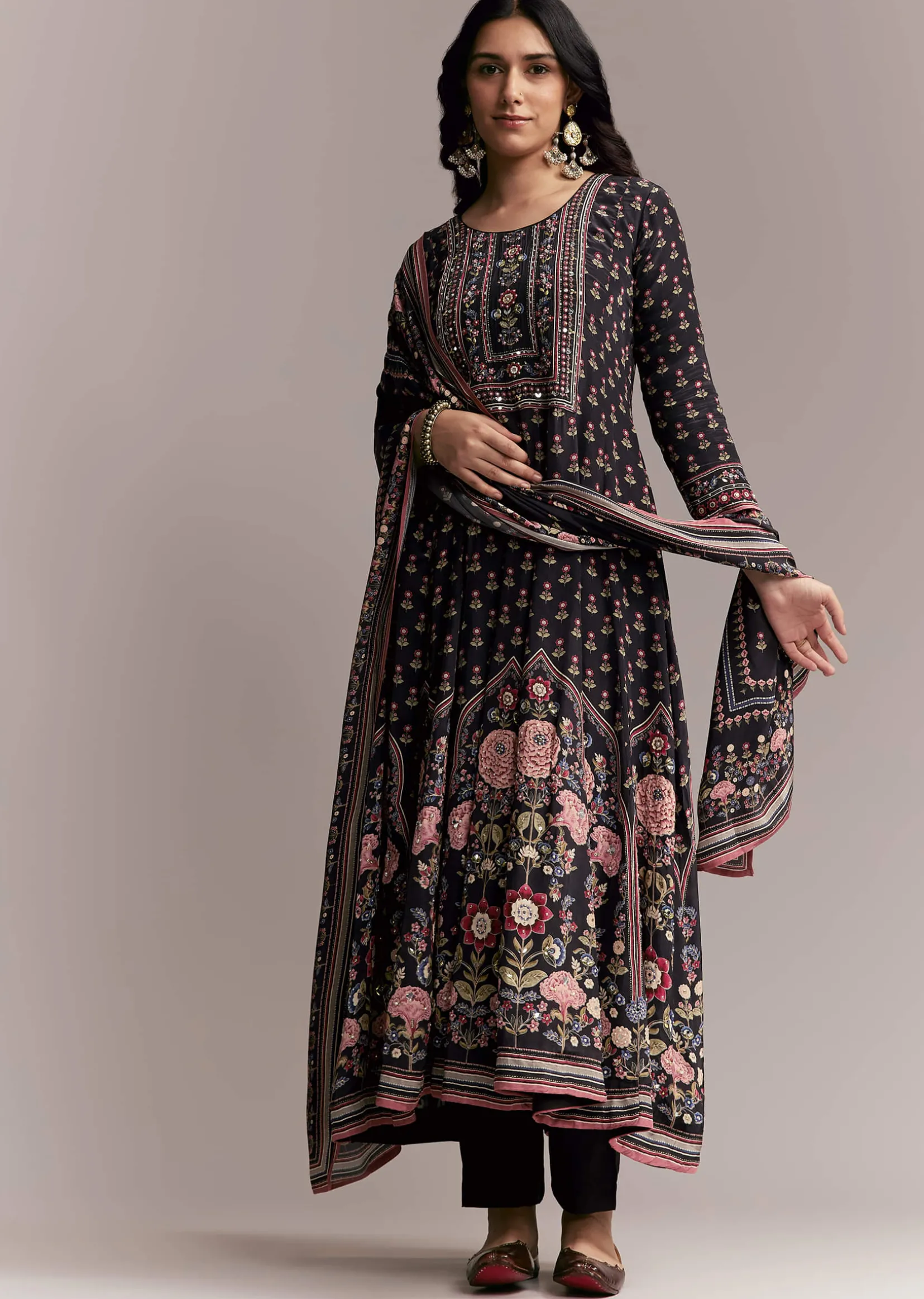 Black Floral Printed Anarkali Set
