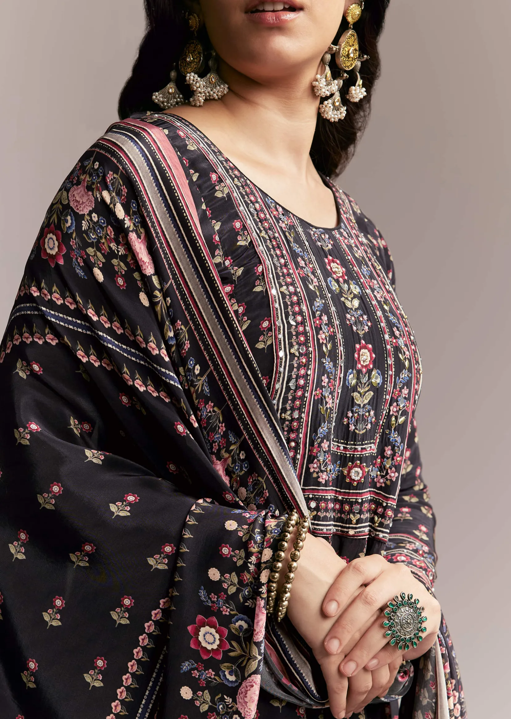 Black Floral Printed Anarkali Set