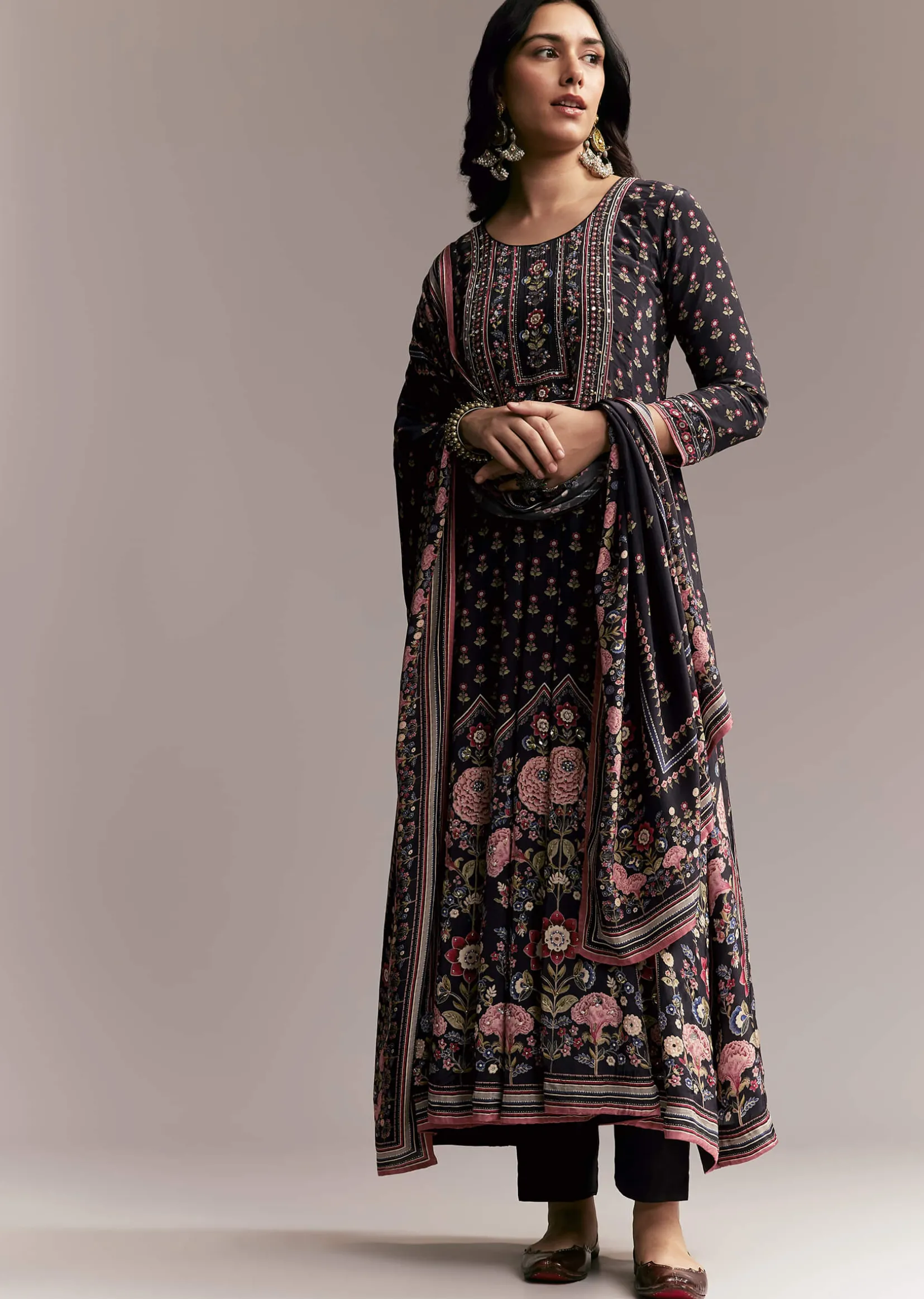 Black Floral Printed Anarkali Set