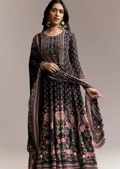 Black Floral Printed Anarkali Set