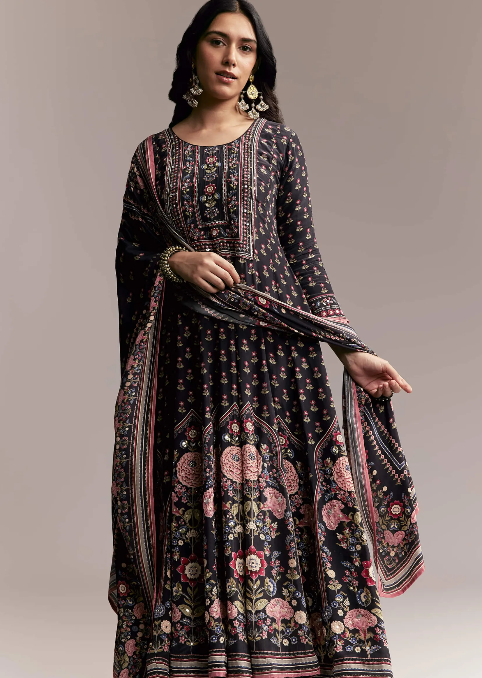 Black Floral Printed Anarkali Set
