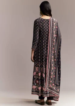 Black Floral Printed Anarkali Set