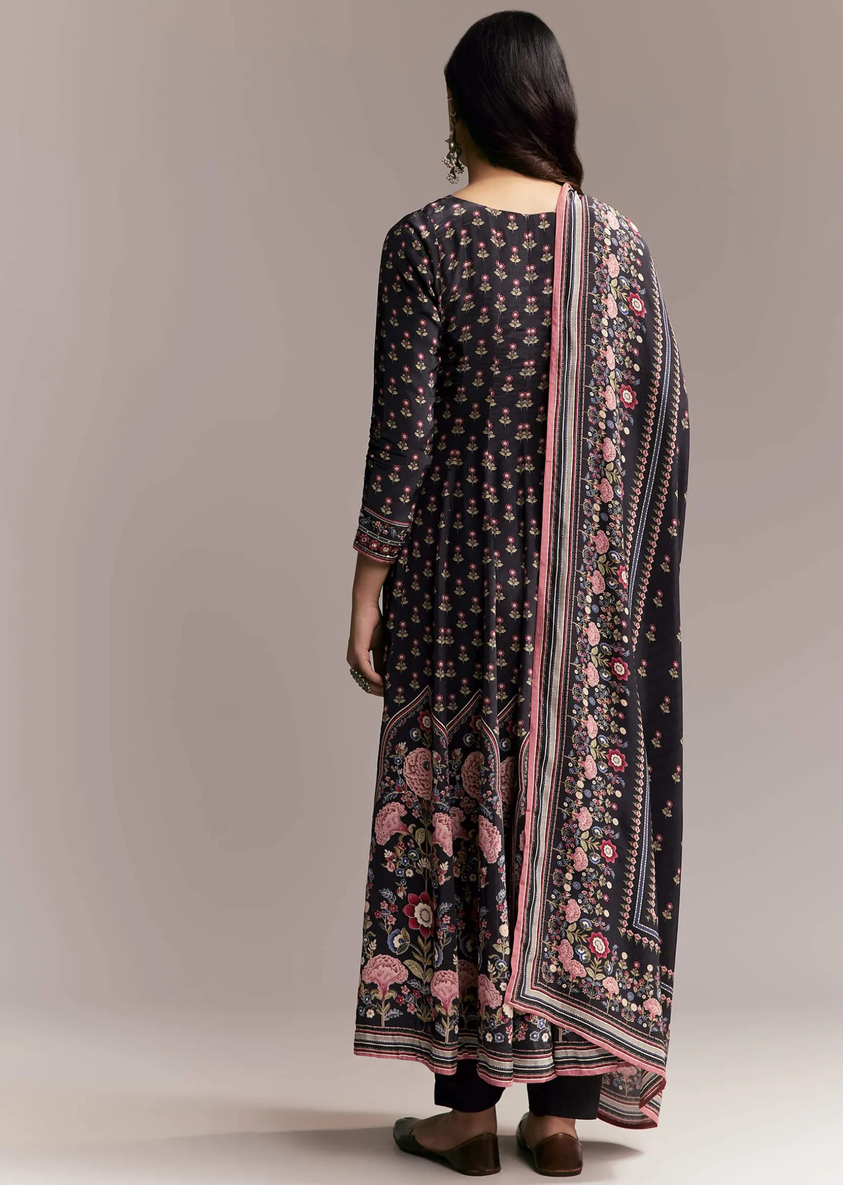 Black Floral Printed Anarkali Set