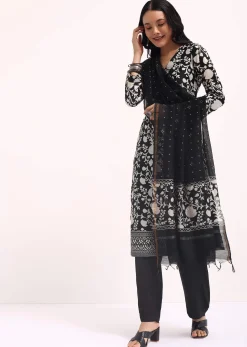 Black Floral Printed Chanderi Kurta Set With Bandhani Dupatta