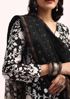 Black Floral Printed Chanderi Kurta Set With Bandhani Dupatta