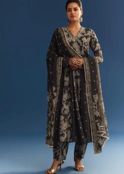 Black Floral Printed Crepe Anarkali Set With Embroidered Neckline