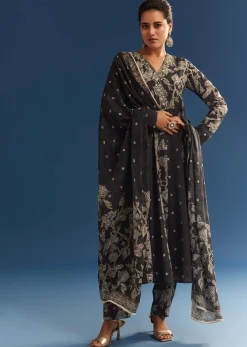 Black Floral Printed Crepe Anarkali Set With Embroidered Neckline