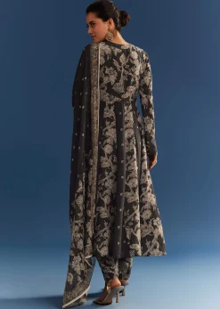 Black Floral Printed Crepe Anarkali Set With Embroidered Neckline