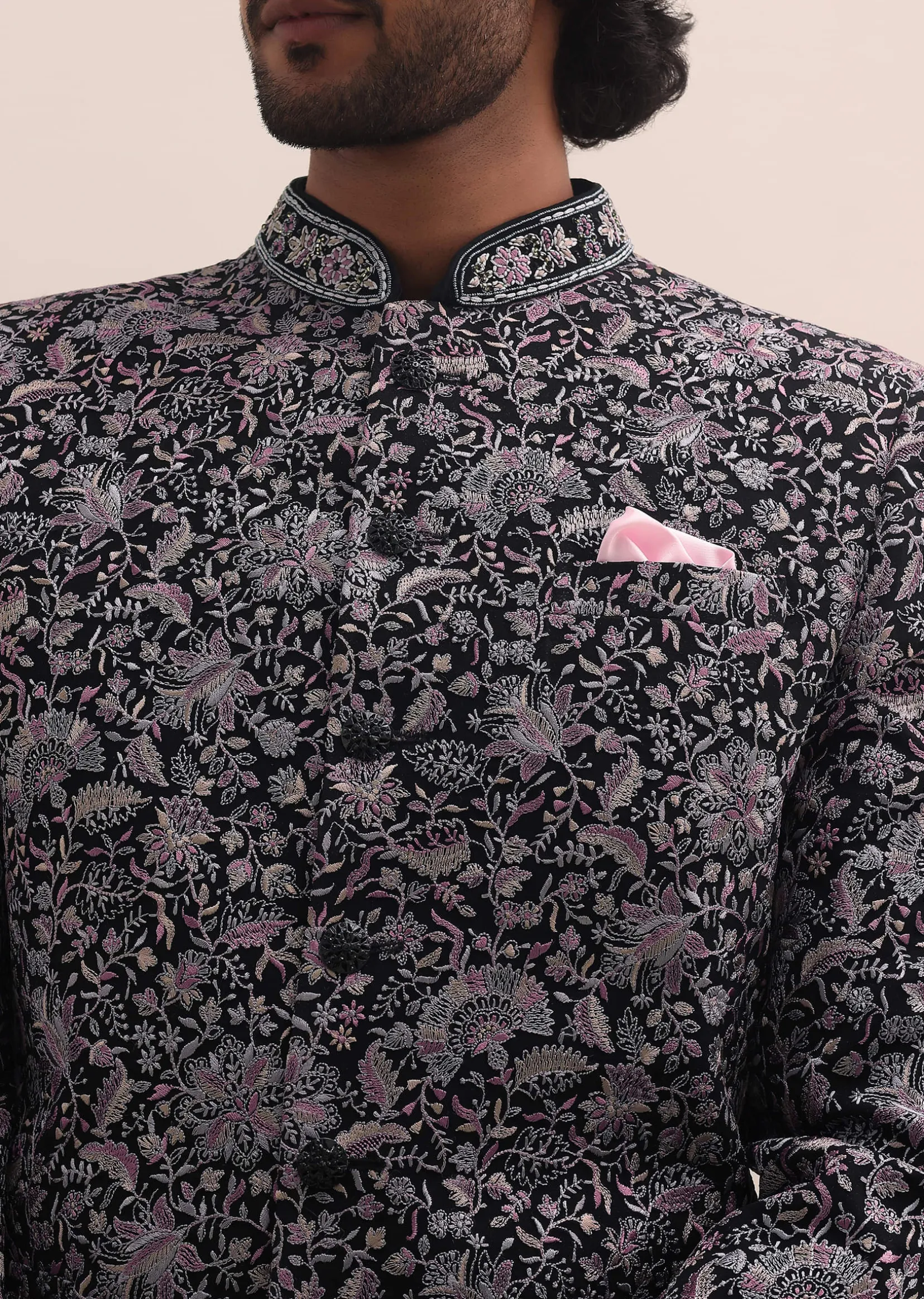 Black Floral Thread Embroidered Jodhpuri Suit For Men