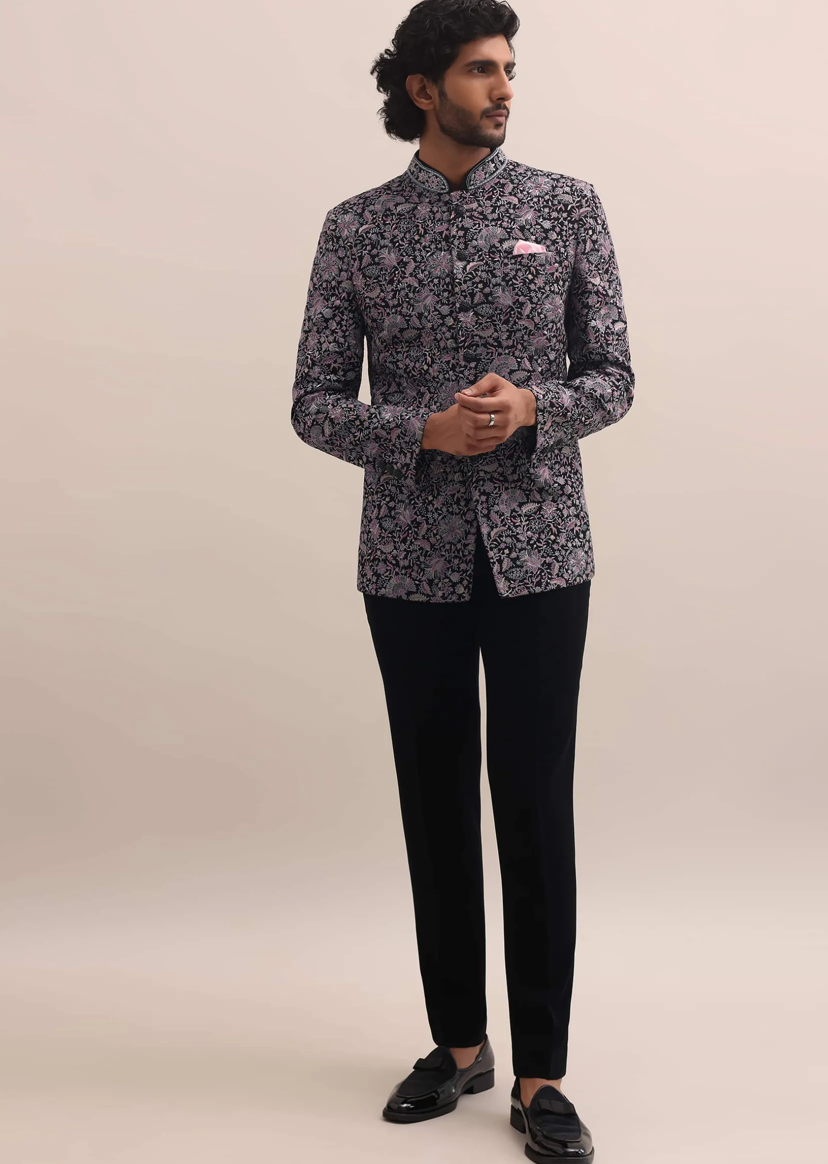 Black Floral Thread Embroidered Jodhpuri Suit For Men