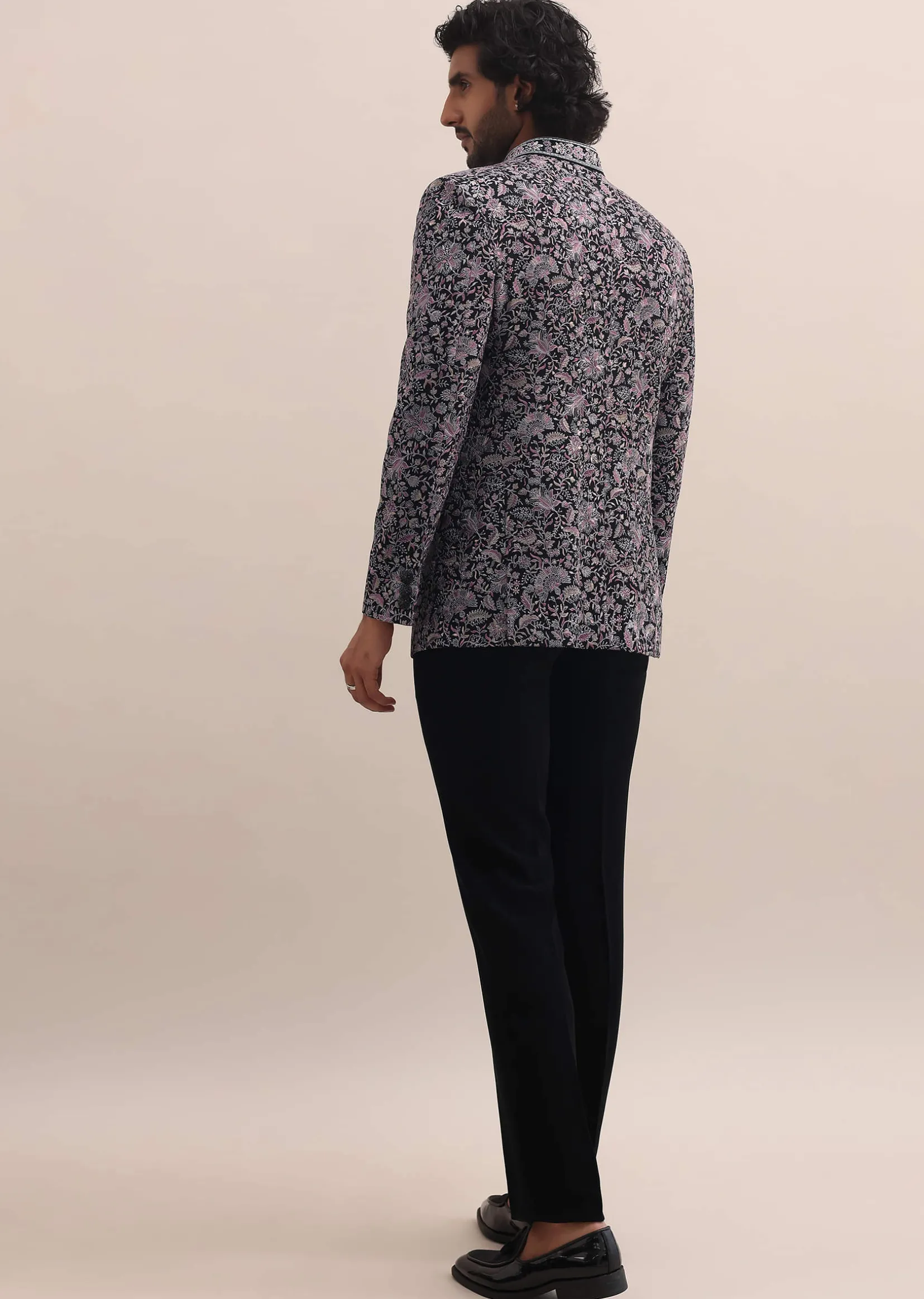 Black Floral Thread Embroidered Jodhpuri Suit For Men
