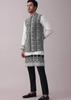 Black Four Piece Sherwani Set With Threadwork And Sequins Embroidery