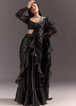 Black Frill Ready Drape Cutdana Sequin Saree With Square Neck Blouse