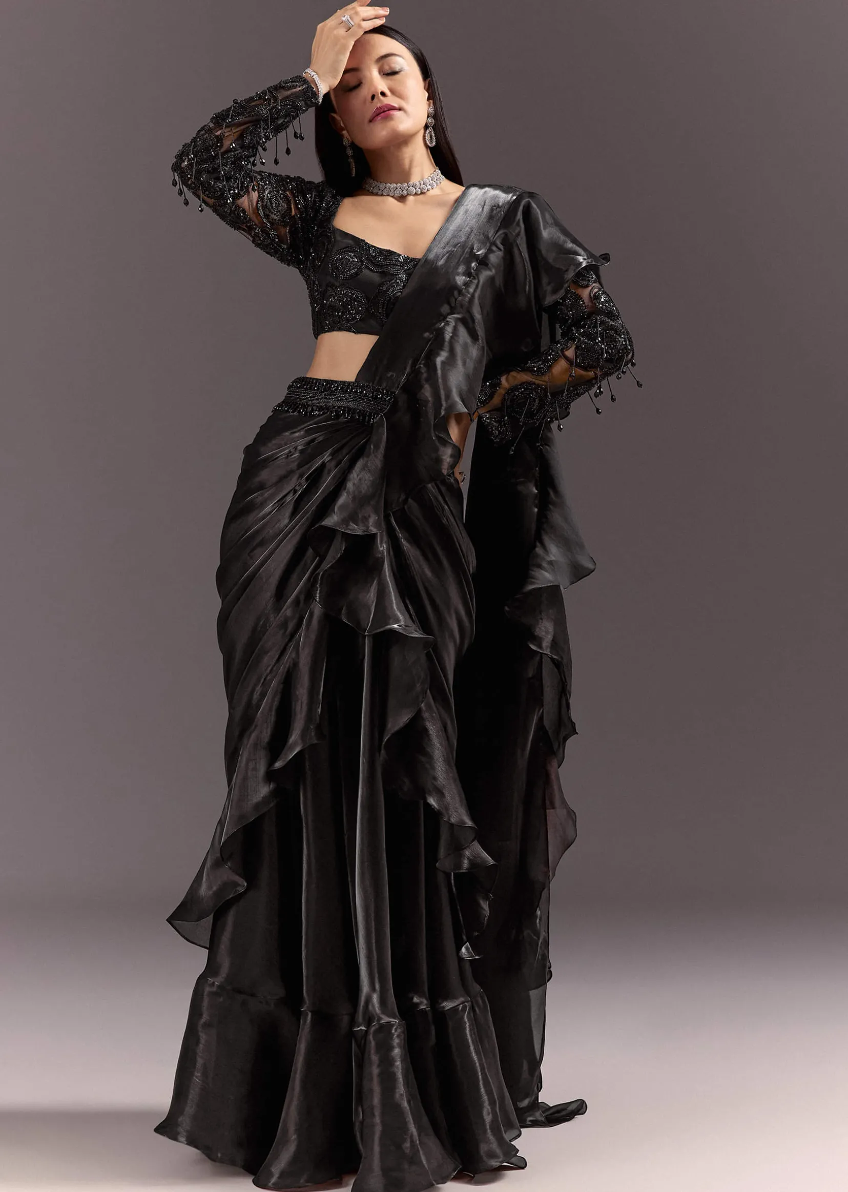 Black Frill Ready Drape Cutdana Sequin Saree With Square Neck Blouse
