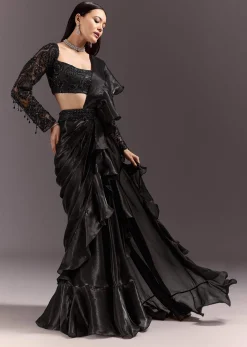 Black Frill Ready Drape Cutdana Sequin Saree With Square Neck Blouse