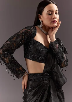 Black Frill Ready Drape Cutdana Sequin Saree With Square Neck Blouse