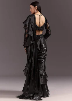Black Frill Ready Drape Cutdana Sequin Saree With Square Neck Blouse