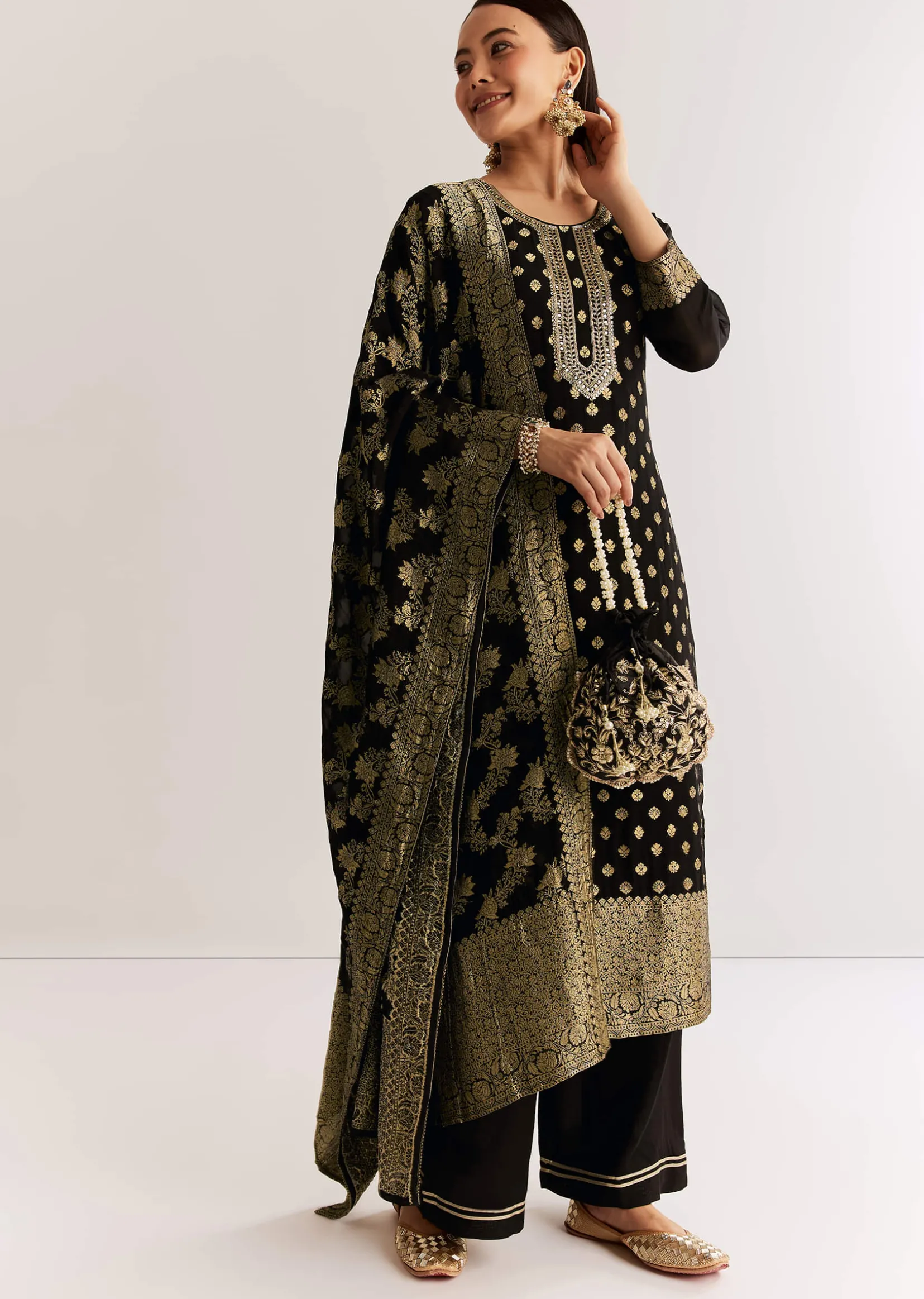 Black Georgette Banarasi Kurta Set With Mirror And Cutdana Neckline