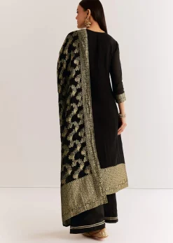 Black Georgette Banarasi Kurta Set With Mirror And Cutdana Neckline