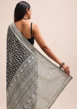Black Georgette Chikankari Saree With Unstitiched Blouse