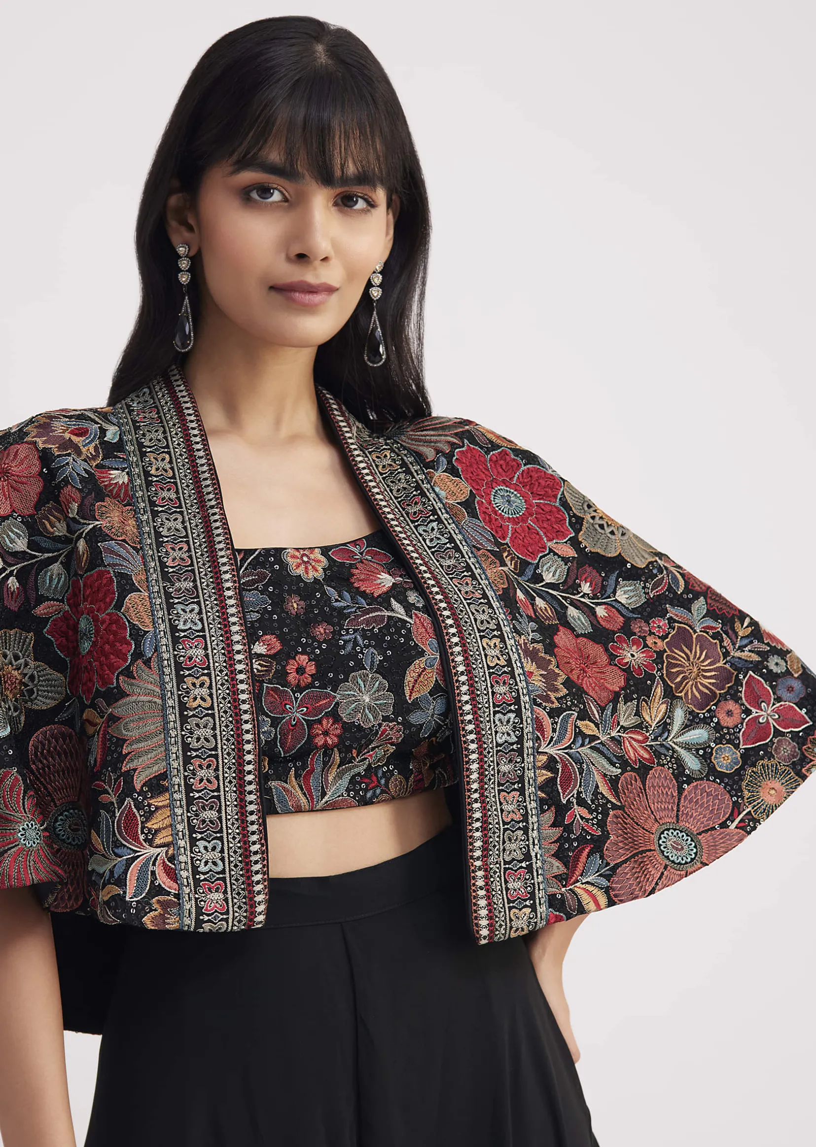 Black Georgette Croptop Palazzo With Sequin Work Cape