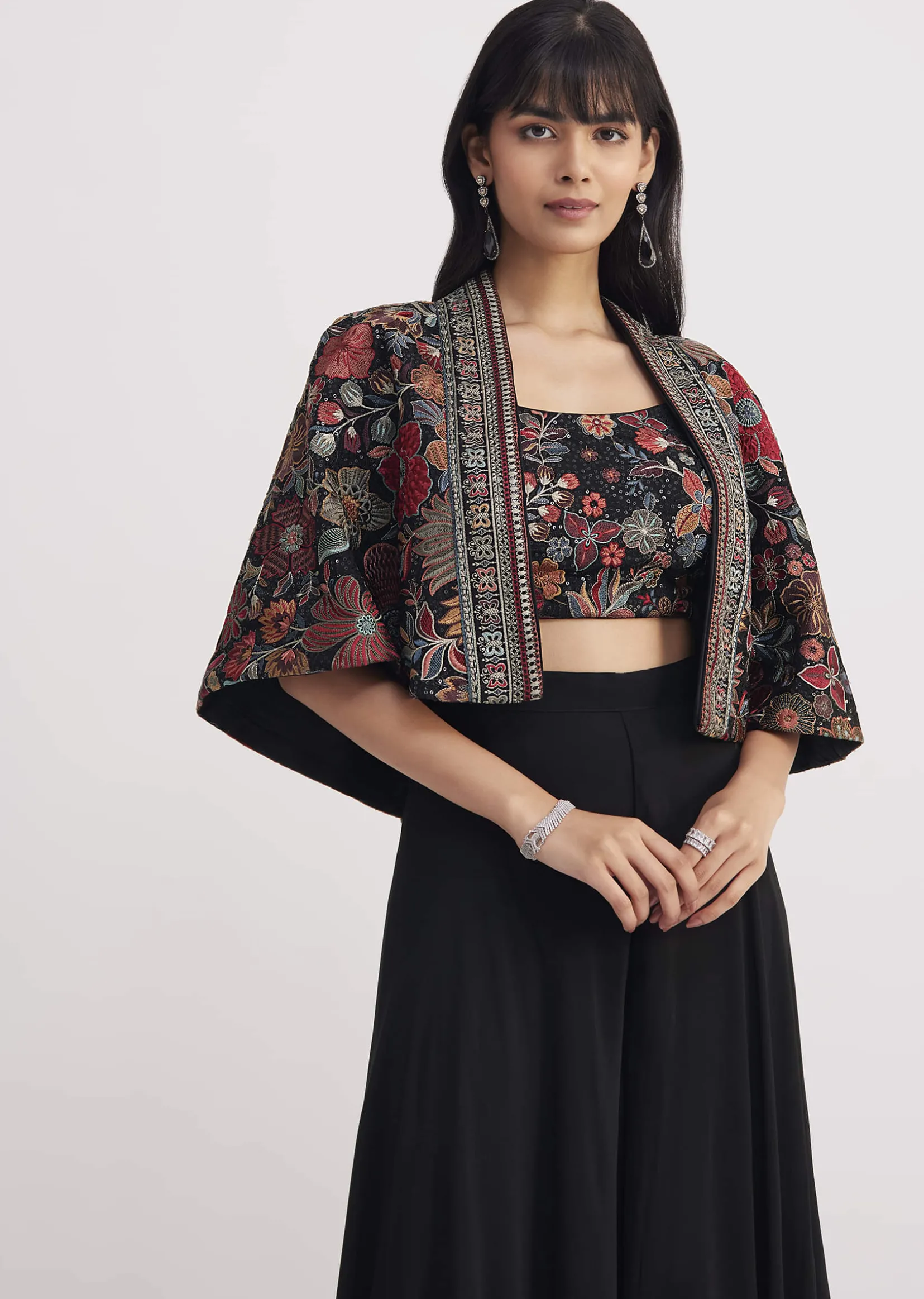 Black Georgette Croptop Palazzo With Sequin Work Cape