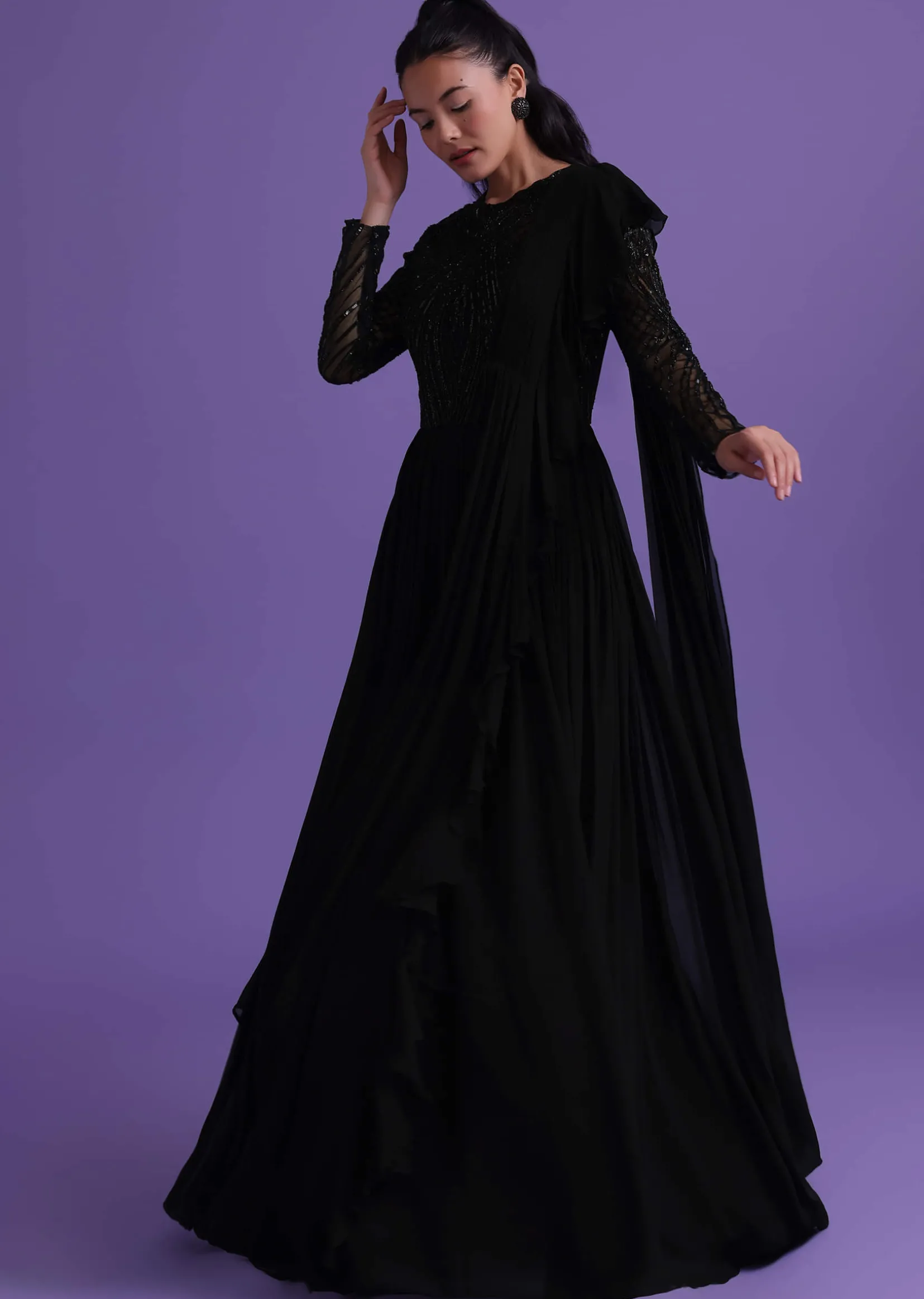 Black Georgette Gown With Attached Drape Adorned With Cut Dana Work