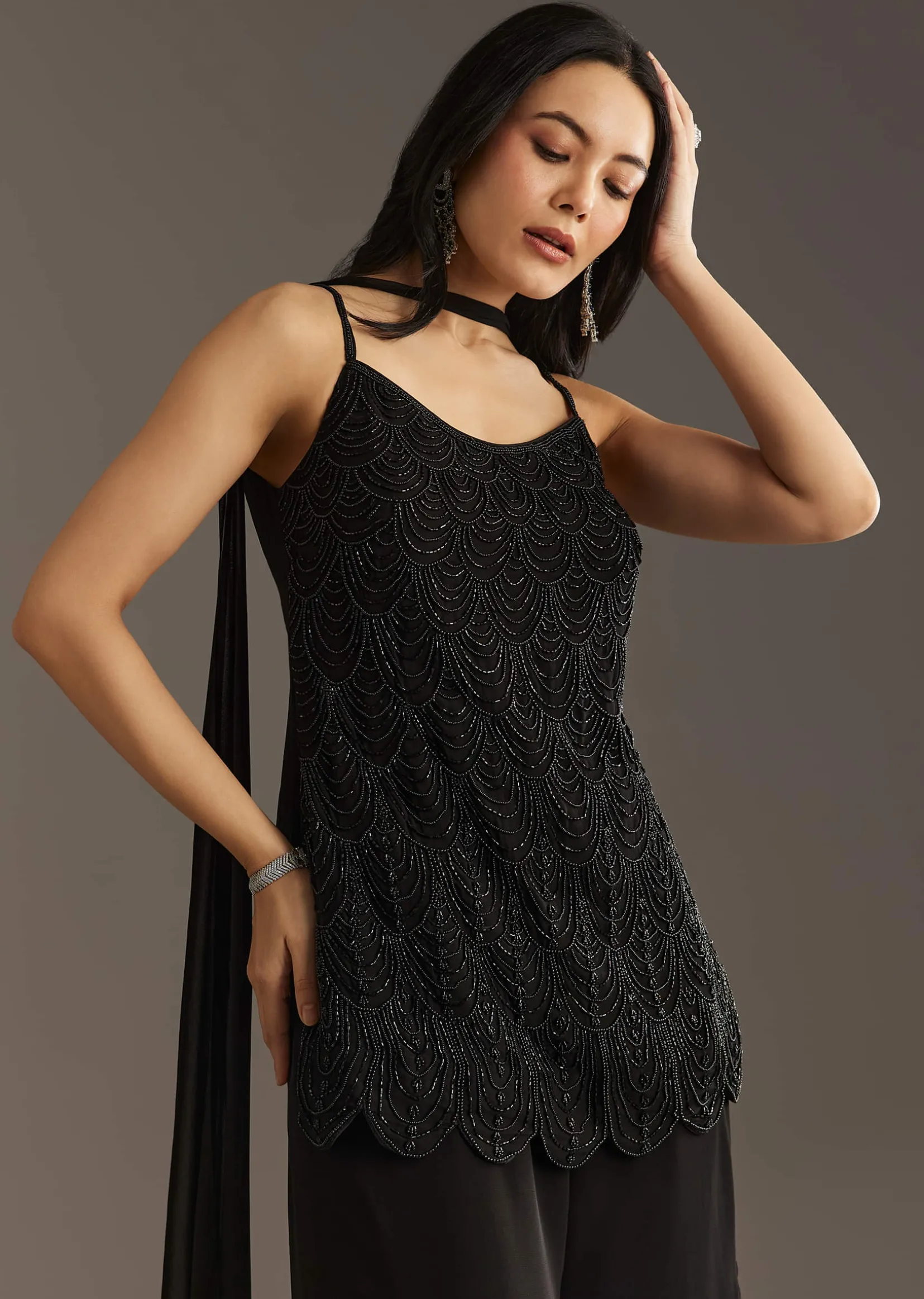Black Georgette Kurta With Cut Dana And Moti Work And Tassel Dupatta