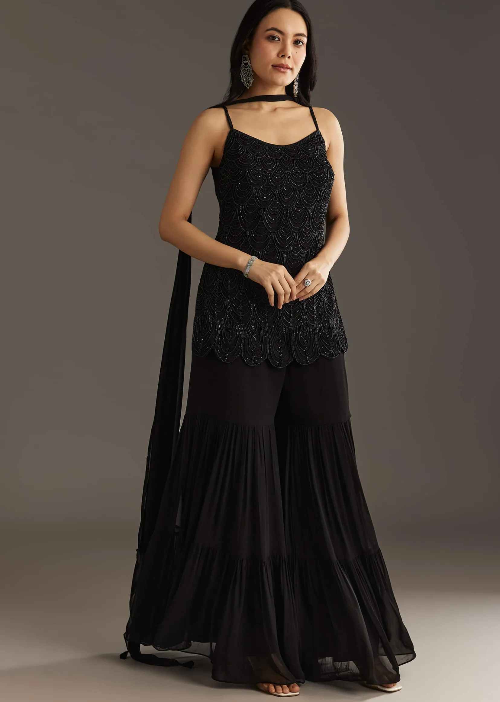 Black Georgette Kurta With Cut Dana And Moti Work And Tassel Dupatta