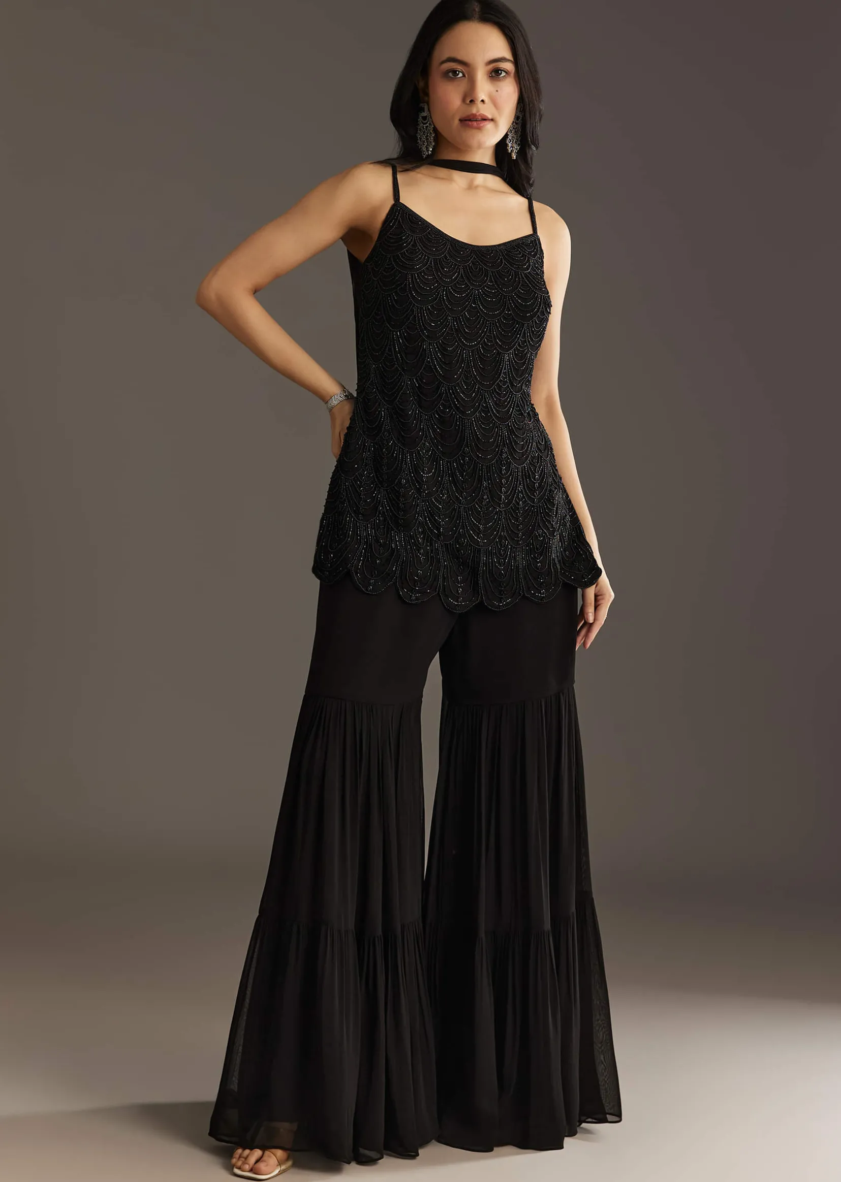 Black Georgette Kurta With Cut Dana And Moti Work And Tassel Dupatta