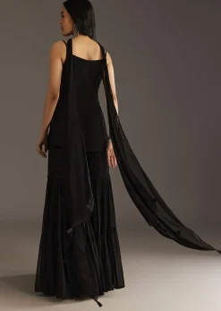 Black Georgette Kurta With Cut Dana And Moti Work And Tassel Dupatta